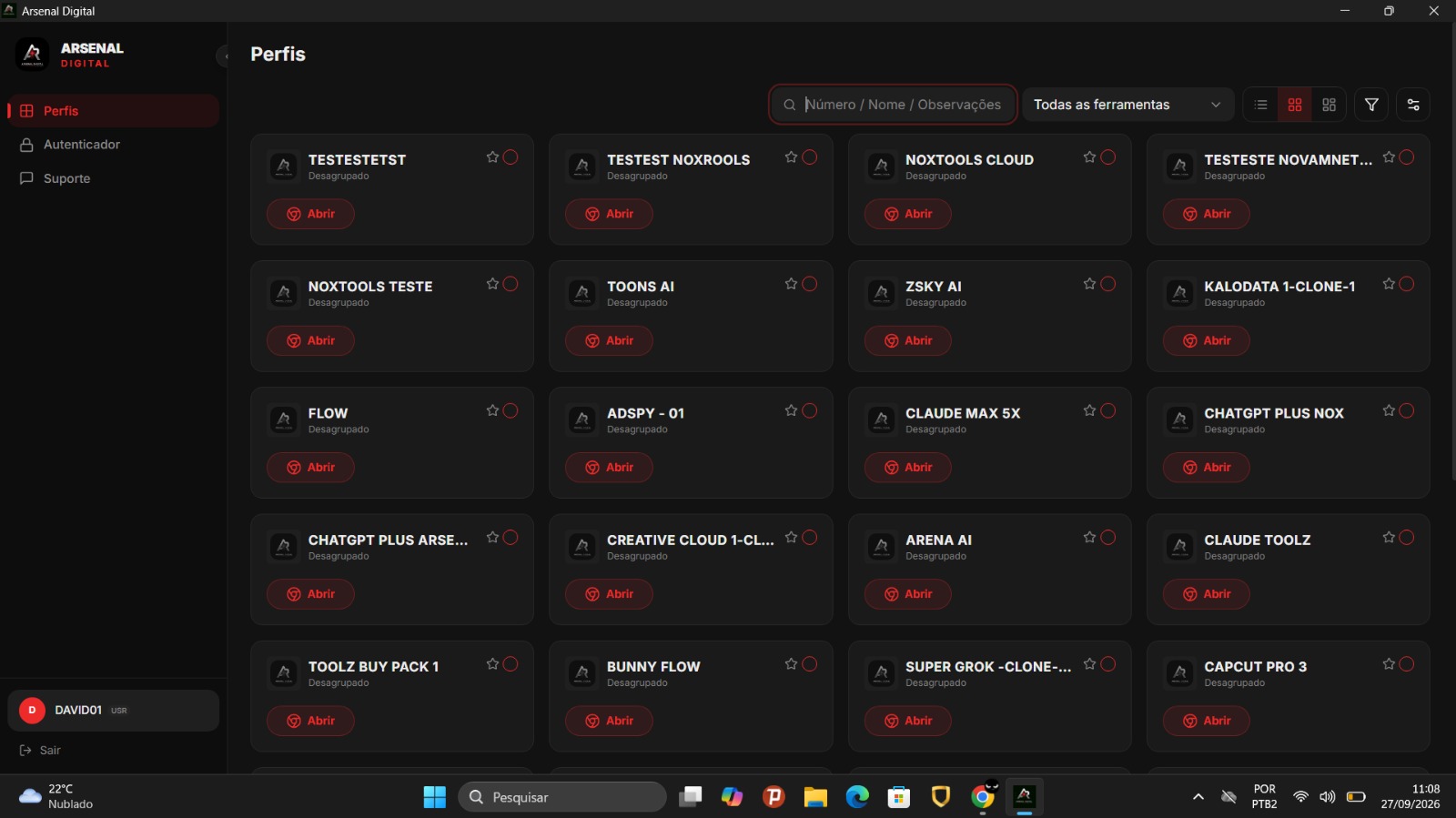 Tela de perfis do aplicativo Arsenal Digital — visualização em cartões
